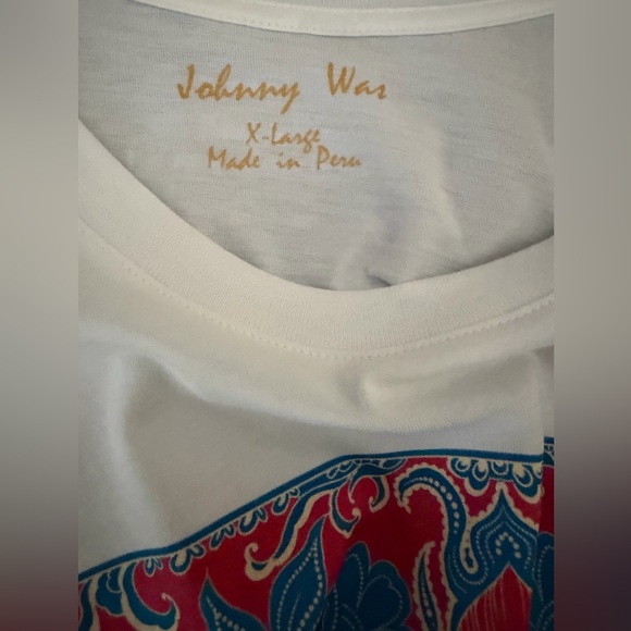Johnny Was!!!
White Graphic Tee with Blue and Red Design. - Picture 2 of 4